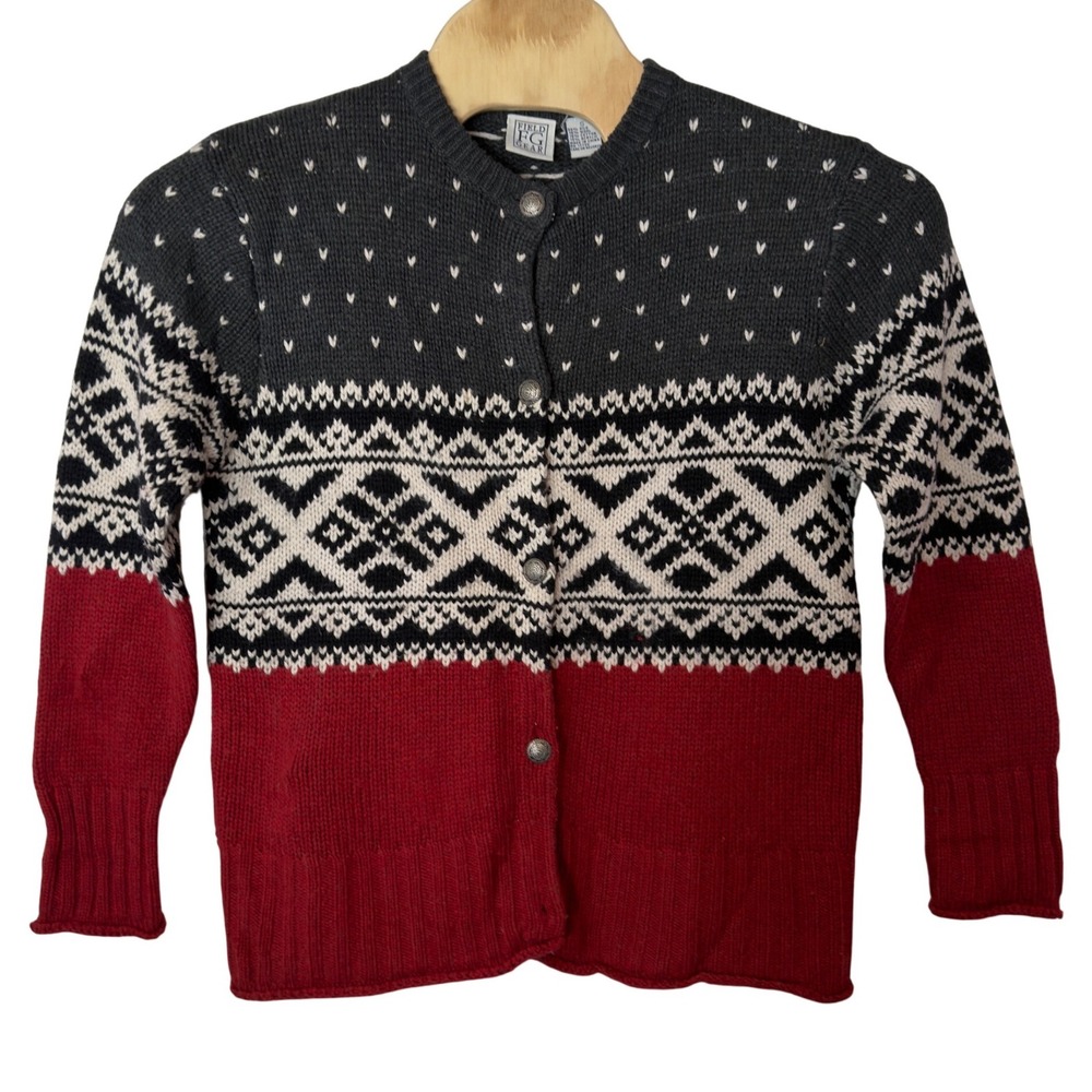 VTG FG Field Gear Silk Blend Button Up Sweater Size S Fair Isle Nordic Winter